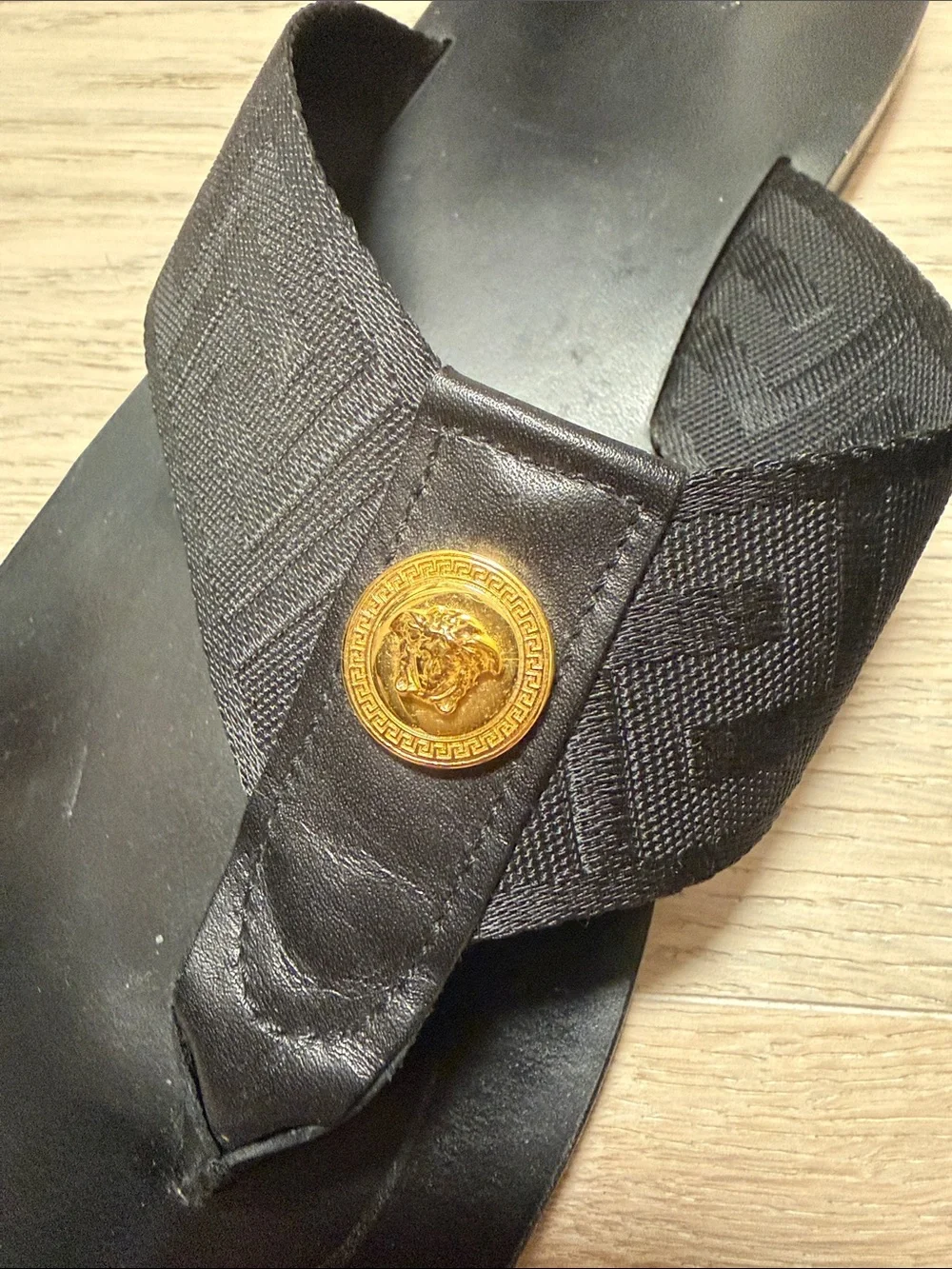 Versace Black Leather & Fabric Flip-Flops with Gold Medallions